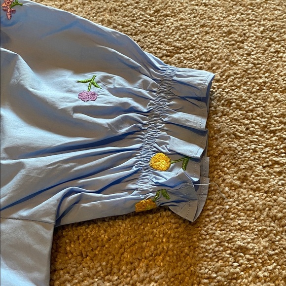 ENGLISH FACTORY Floral Embroidered Puff Slv Babydoll Powder Blue Multi XS *flaw - Picture 6 of 16